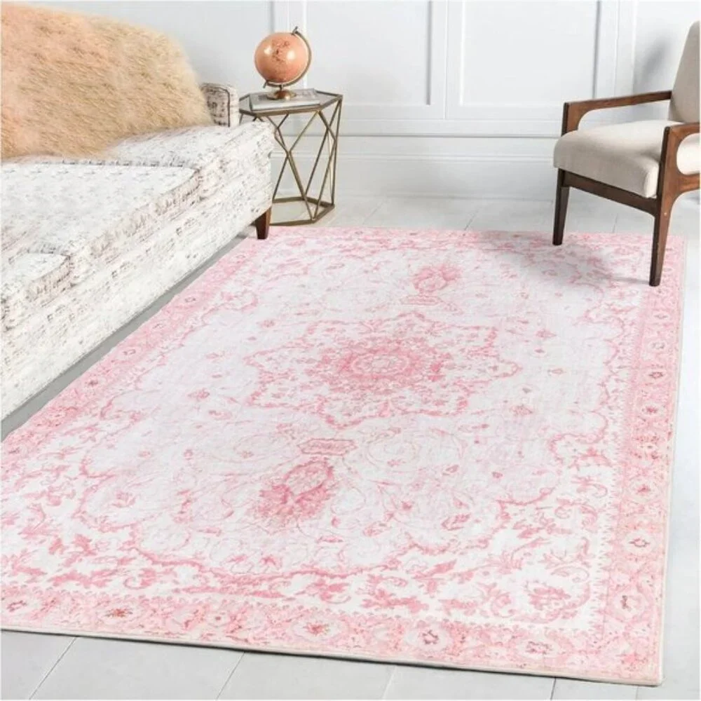 New 5x7 Pink Vintage Floral Rug Soft Washable Non-Slip Carpet for Home Decor